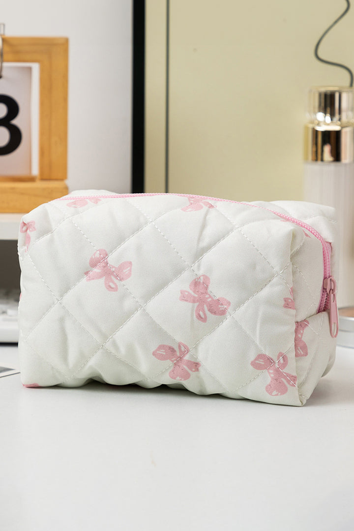 Sweet Bow Knot Print Quilted Zipper Cosmetic Bag