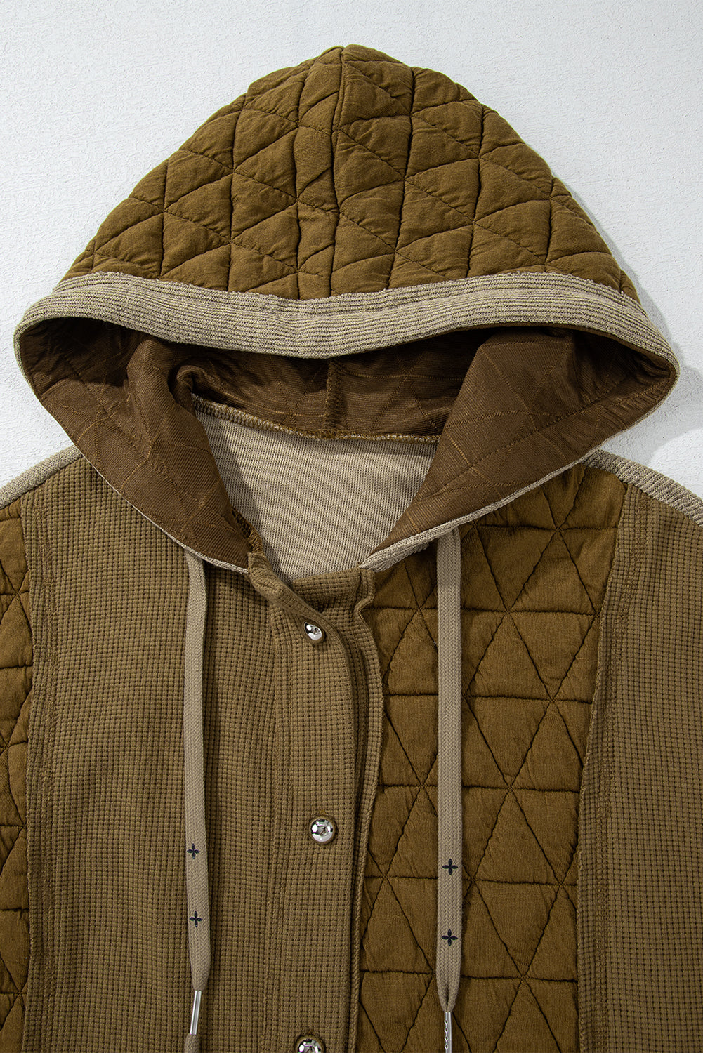 Green Quilted Textured Patchwork Loose Fit Hooded Jacket