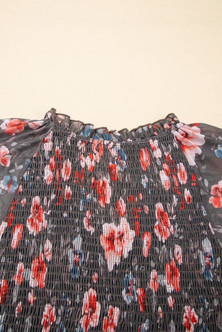 Frilly Smocked Bodice Floral Mesh Long Sleeve Mini Dress