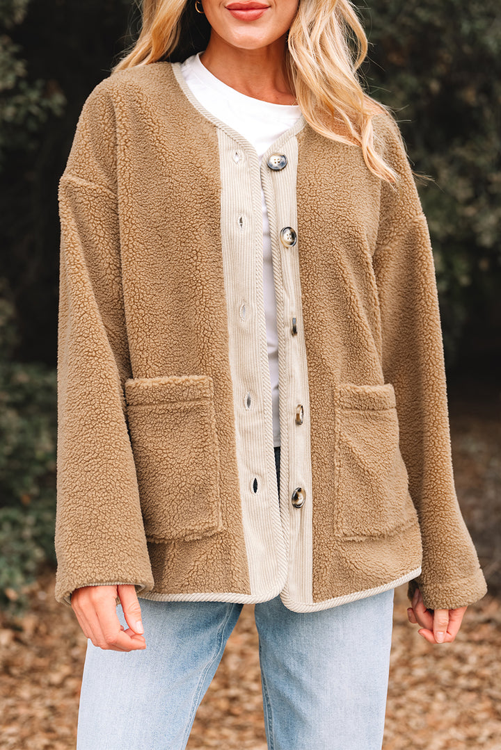 Light French Beige Puffy Plush Corduroy Edge Jacket with Big Pockets