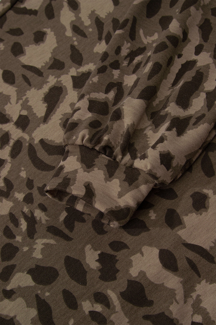 Brown Leopard Print Raw Seam Patchwork Pullover Drawstring Loose Pant Set