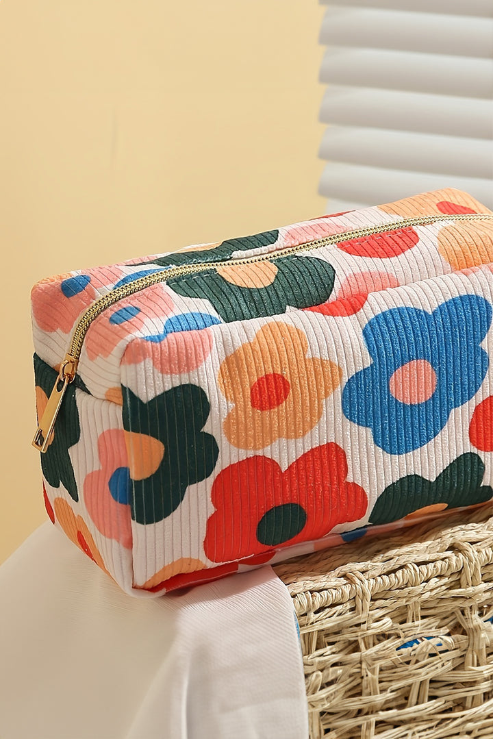 Flower Print Zipper Square Corduroy Cosmetic Bag