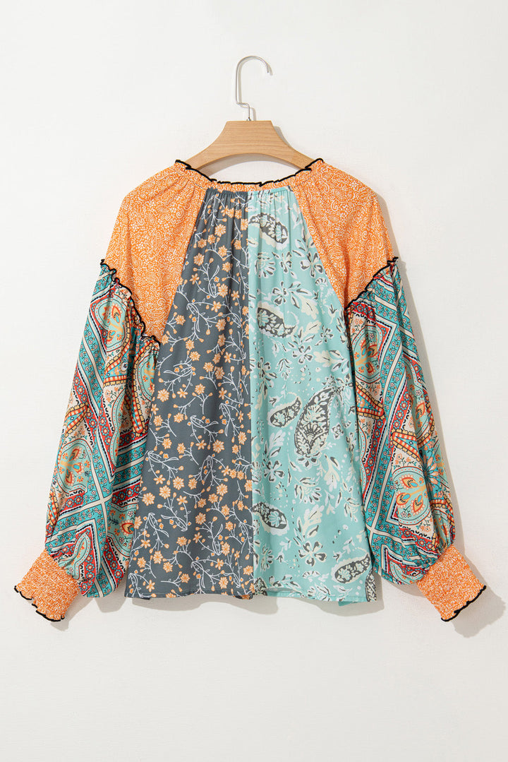 Floral Patchwork Lantern Sleeve Buttoned V Neck Plus Size Blouse