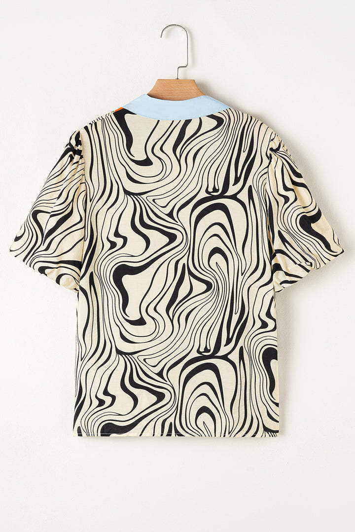 Zebra Stripe Print Contrast V-Neck Ricrac Detail Short Sleeve Blouse Top