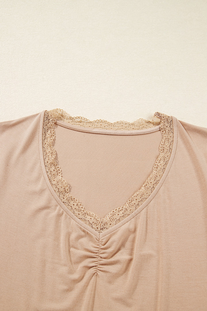 Lace-trimmed Sweetheart Neckline Ruched Detail Long Sleeve T-shirt