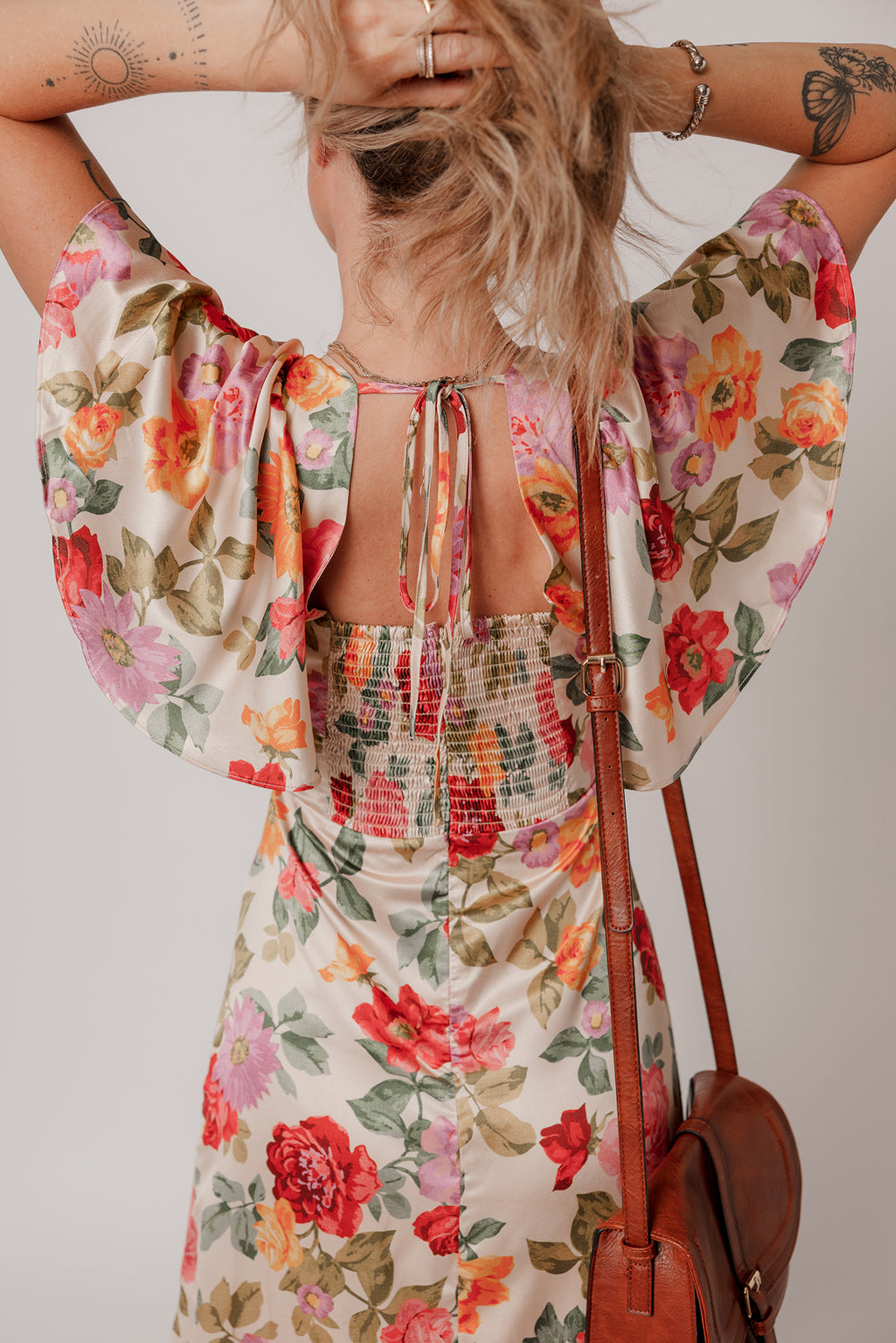 Vintage Floral V Neck Short Sleeve Tie Back Long Slit Dress