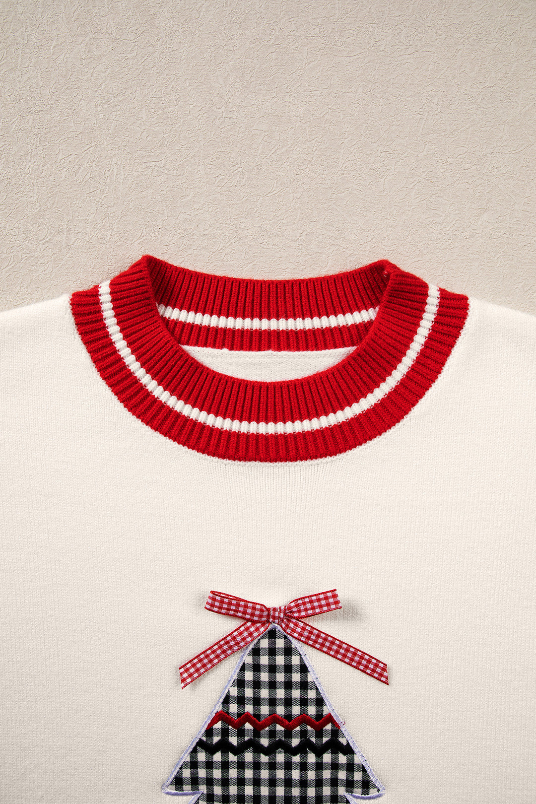 White Christmas Plaid Tree Applique Round Neck Loose Sweater