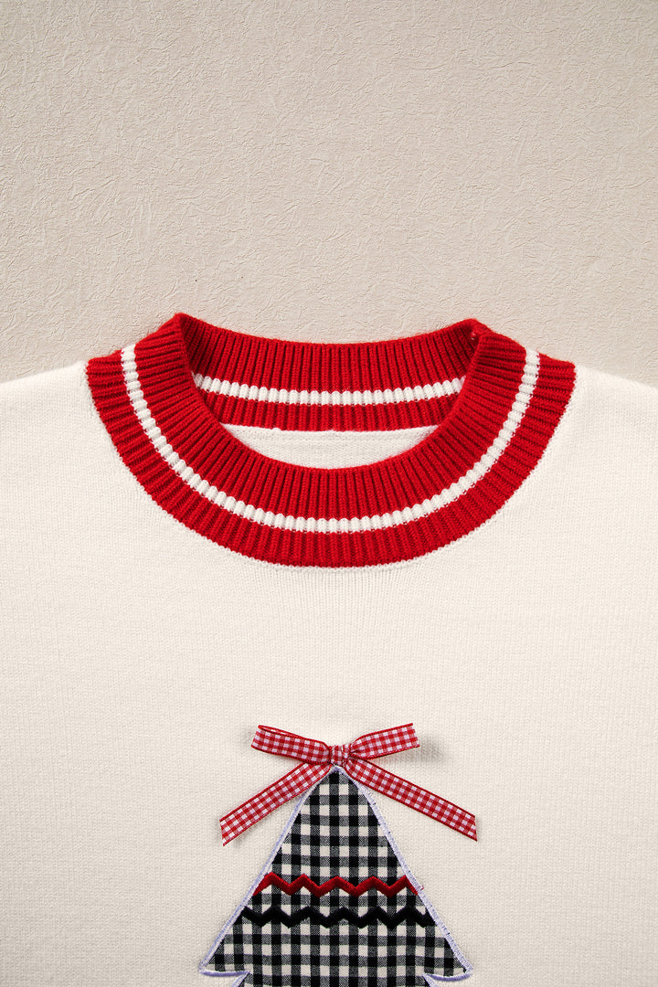 White Christmas Plaid Tree Applique Round Neck Loose Sweater
