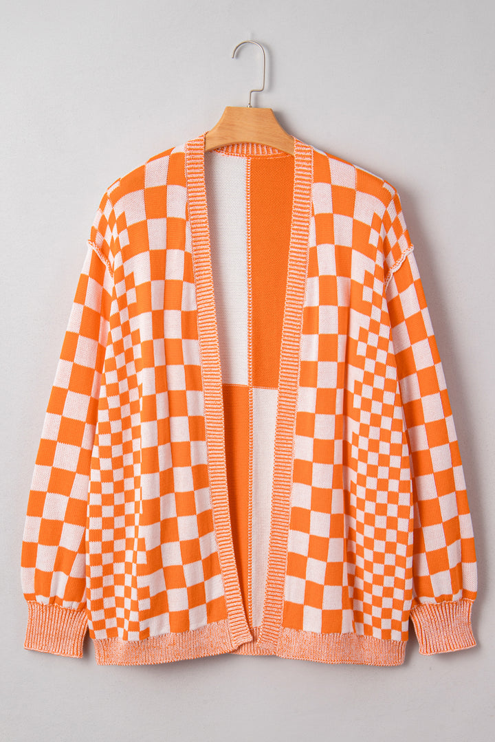 Orange Plus Size Checkered Bubble Sleeve Drop Shoulder Open Cardigan