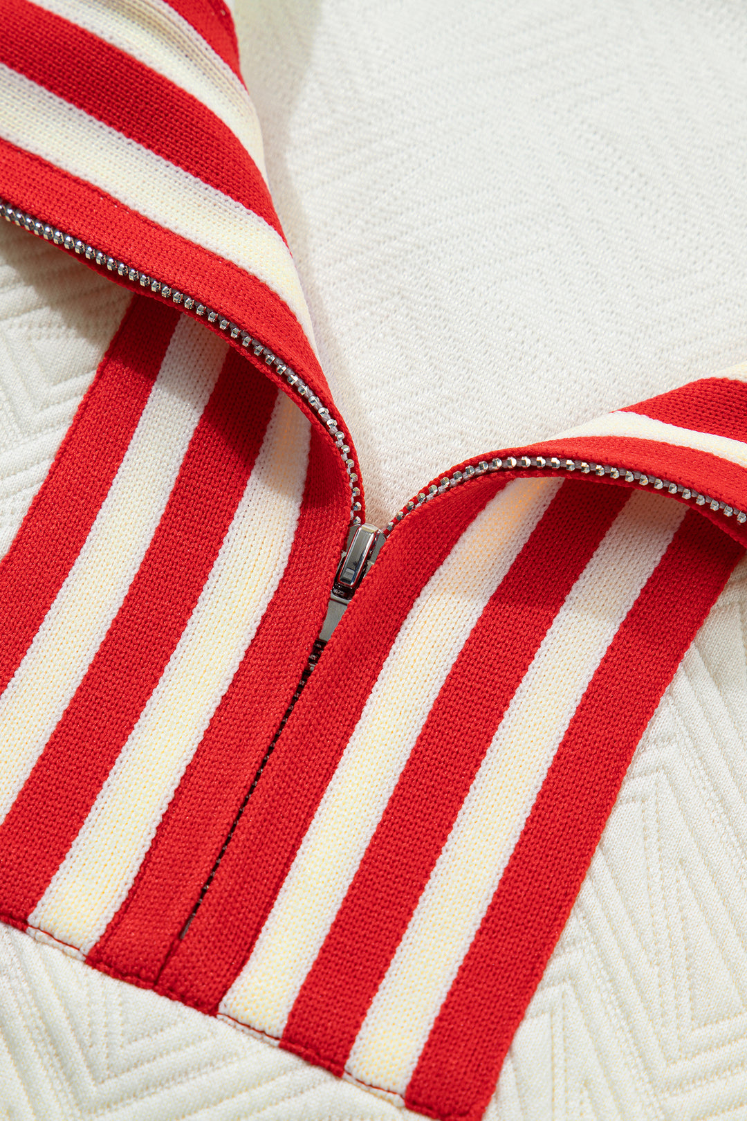 Textured Knit Contrast Striped Accent Zipped Collar Pullover Top
