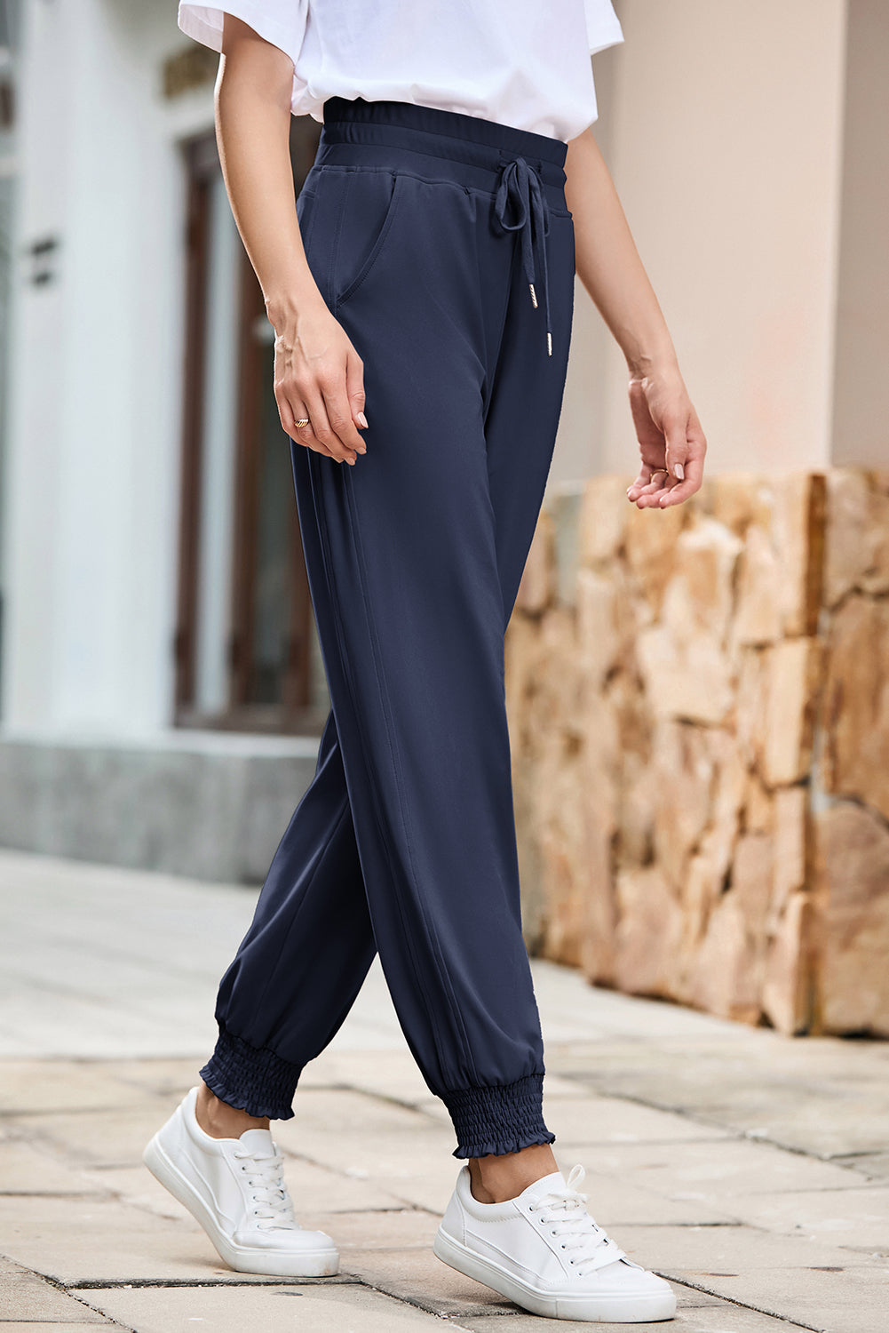 Navy Blue Drawstring Elastic Waist Smocked Jogger Pants