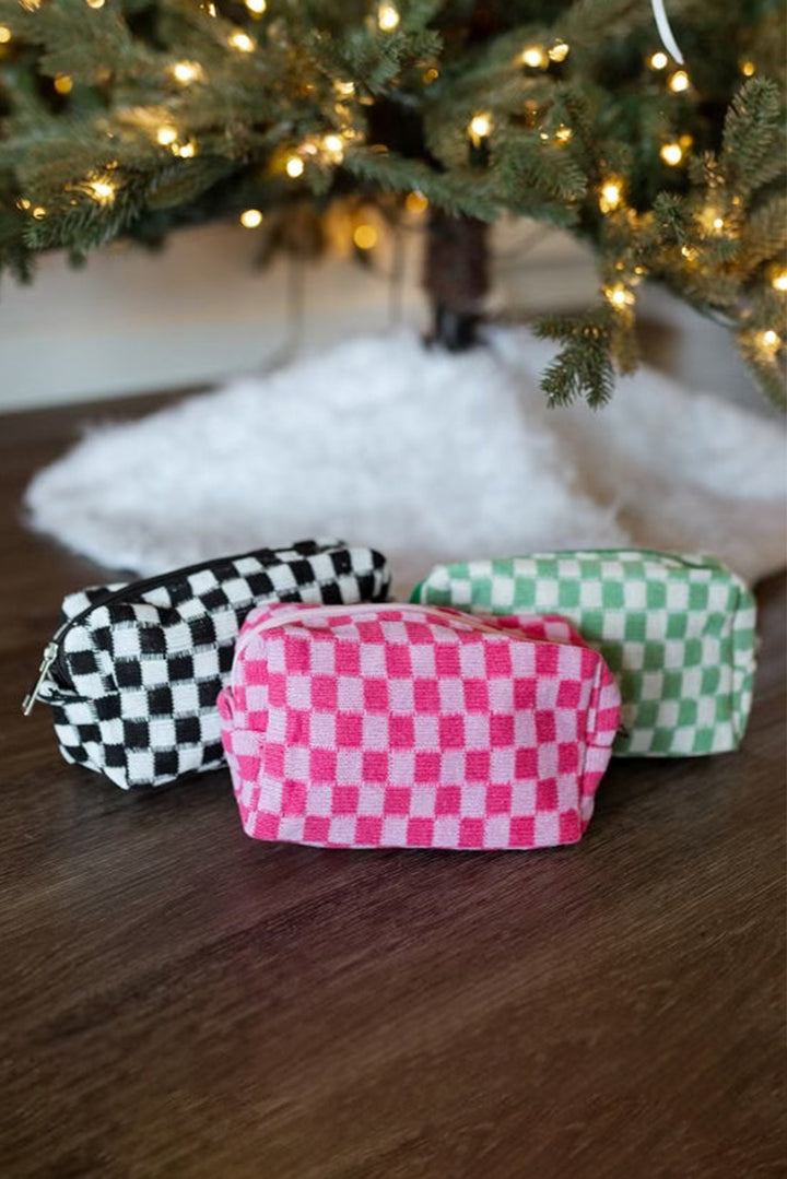 Checkered Knitted Zipper Makeup Bag