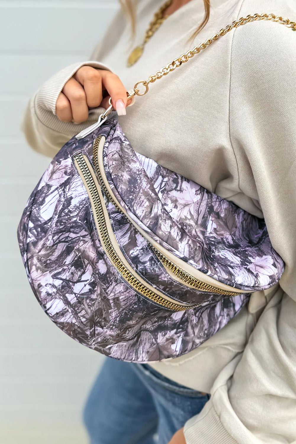 Medium Grey Abstract Print Double Zip Fashion Crossbody Bag