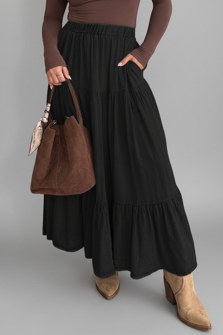 Black Elastic Waist Ruffled Tiered Flared Denim Maxi Skirt
