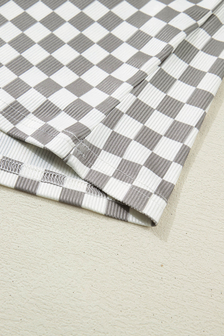 Gray Checkered Print Textured Halter Tank Top