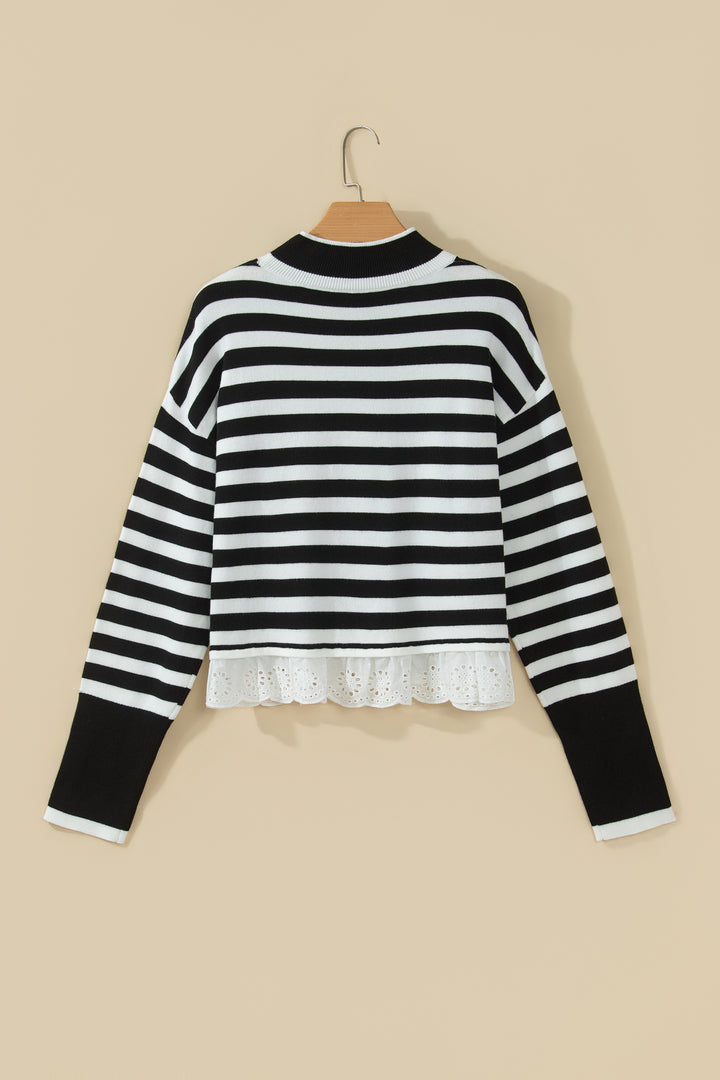 Black Striped High Neck Contrast Ruffle Detail Casual Sweater