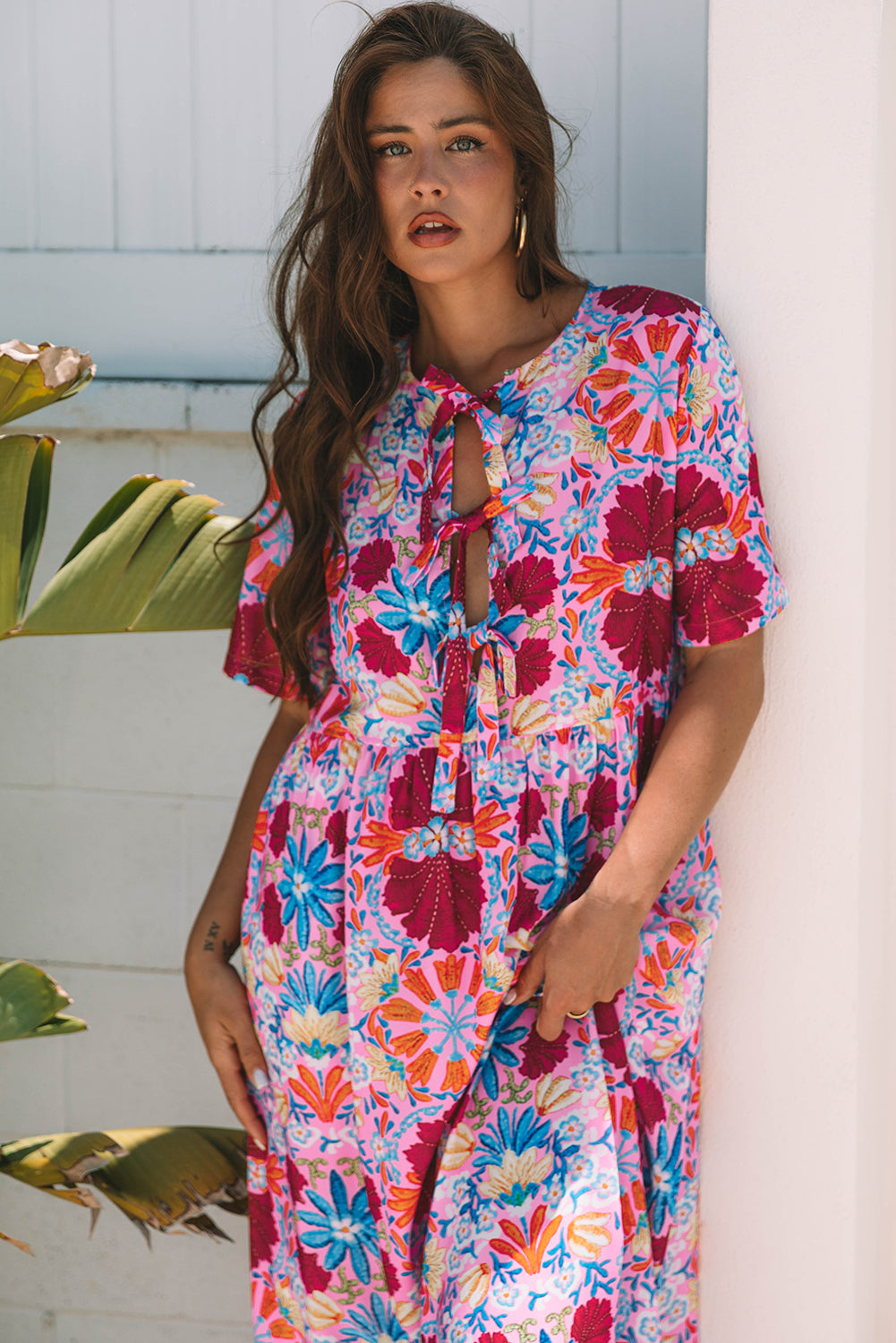 Floral Tied Front High Waist Short Sleeve Loose Long Dress