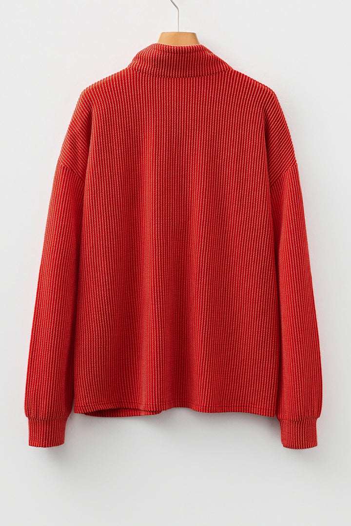 Twist Ribbed Half Button Collared Drawstring Pullover Top