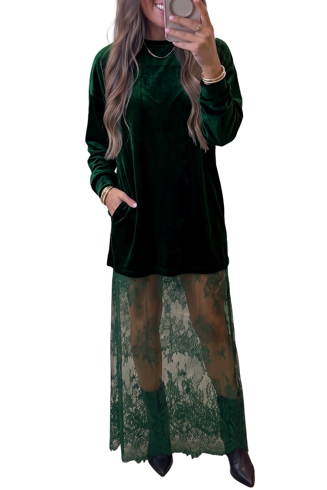 Blackish Green Velvet Long Sleeve Lace Splicing Hem Shift Maxi Dress