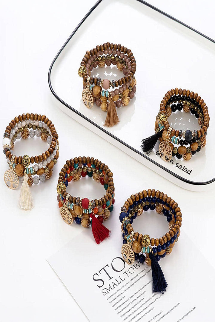 Ensemble de bracelets multicouches à pompons et perles style bohème