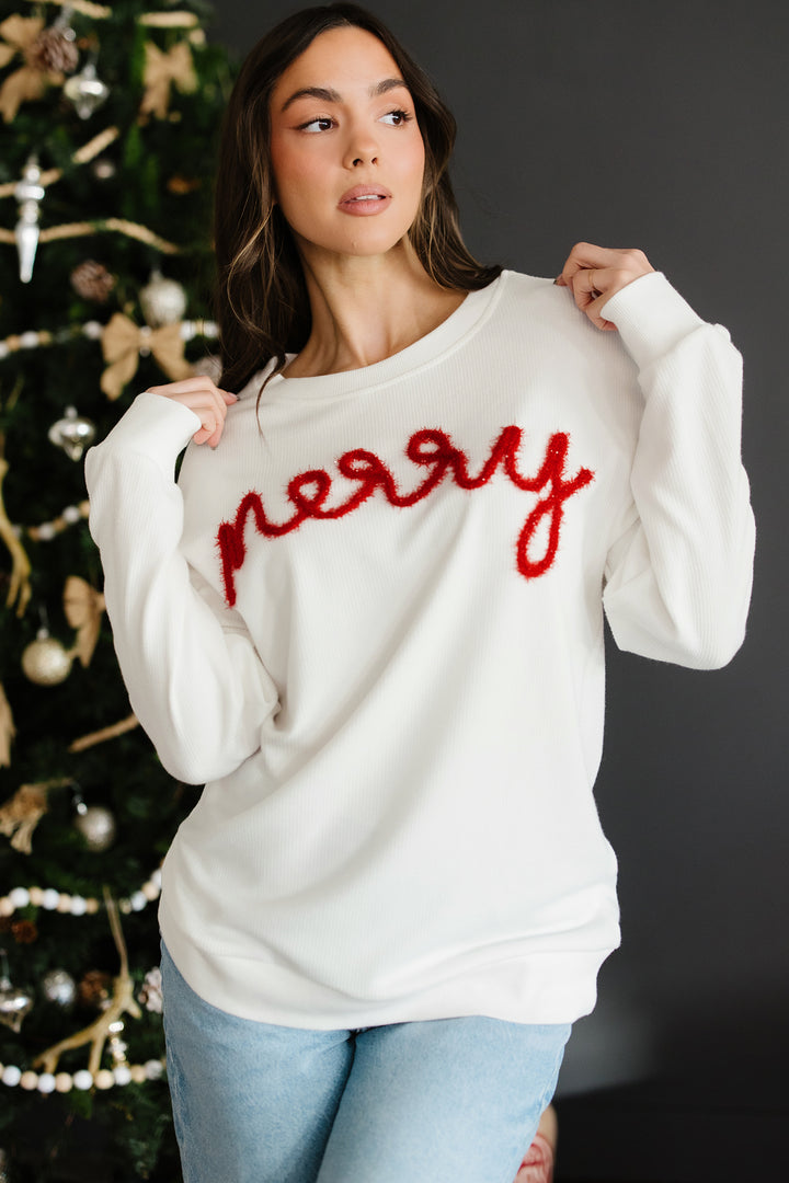 Merry Tinsel Letter Embroidery Ribbed Drop Shoulder Sweatshirt