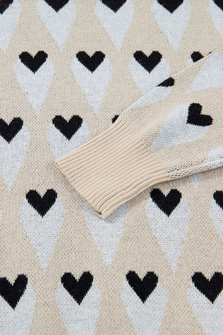 Geometric Heart Print Ribbed Trim Loose Sweater