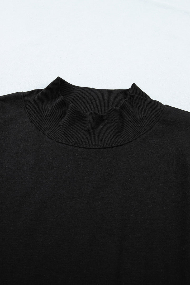 Black Solid Color High Neck Cap Sleeve Loose Top