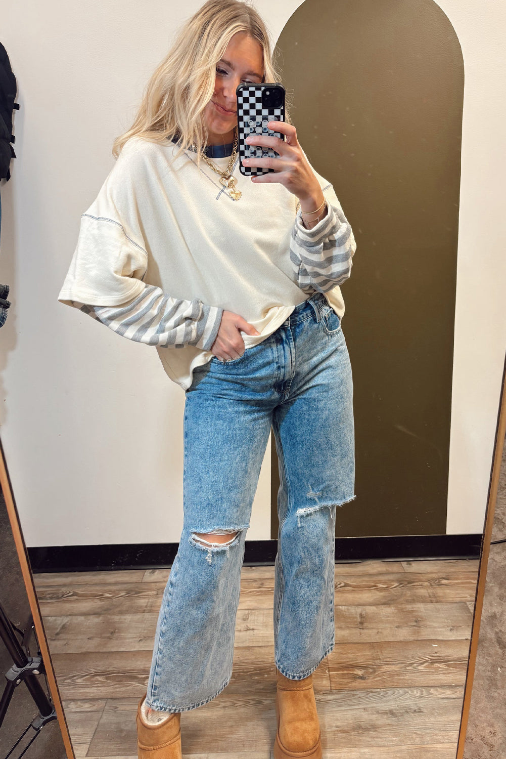 Beige Striped Patchwork Long Sleeve Round Neck Two-in-one Top