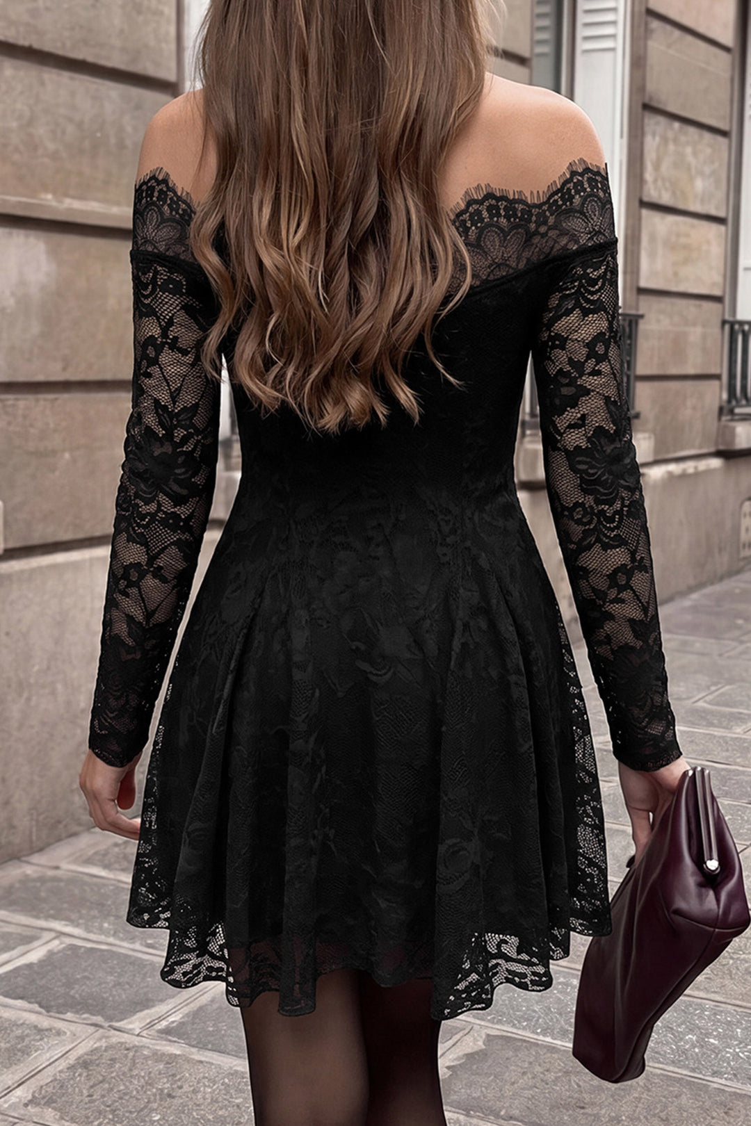 Black Off Shoulder Floral Lace Long Sleeve Fit Flare Mini Dress