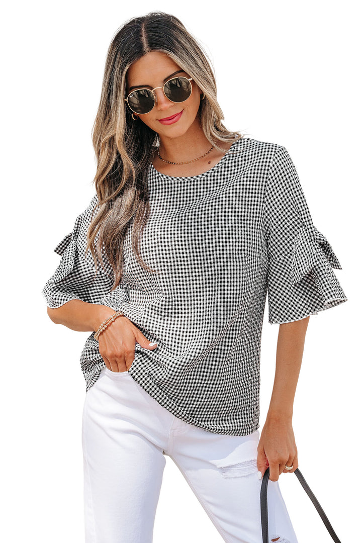Black Plaid Bow Ruffled Half Sleeve Round Neck Blouse