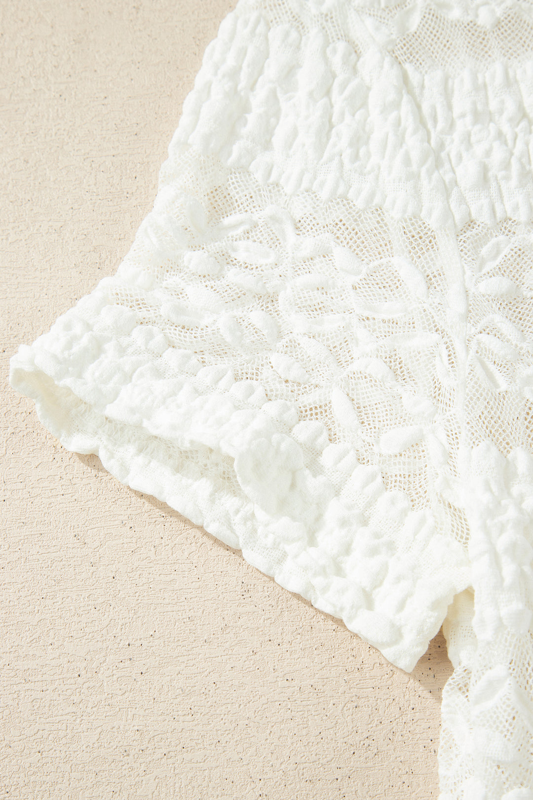 White Sheer Lace Textured Patchwork Short Sleeve Top