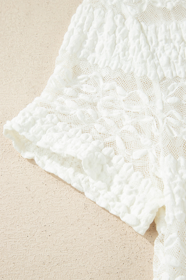 White Sheer Lace Textured Patchwork Short Sleeve Top