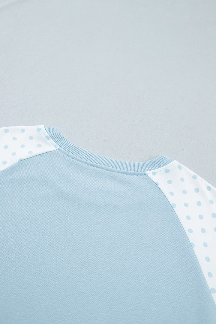 Light Blue Polka Dot Patchwork Colorblock Long Sleeve Casual Two Piece Pants Set