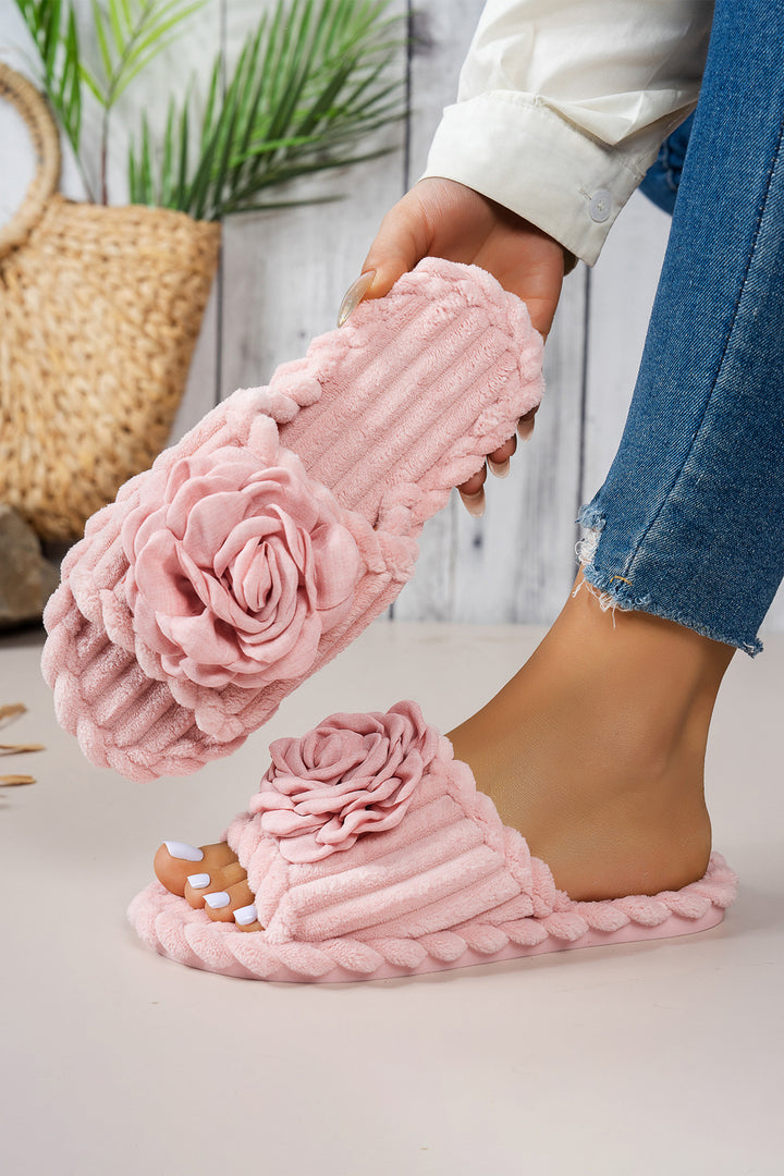 Solid Color 3D Flower Accent Corded Ribbed Open Toe Slippers