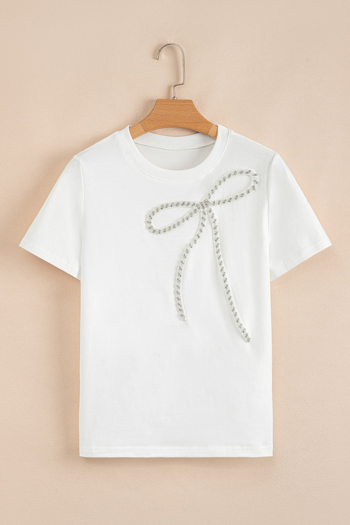 Rhinestone Bow Embellished Round Neck Tee