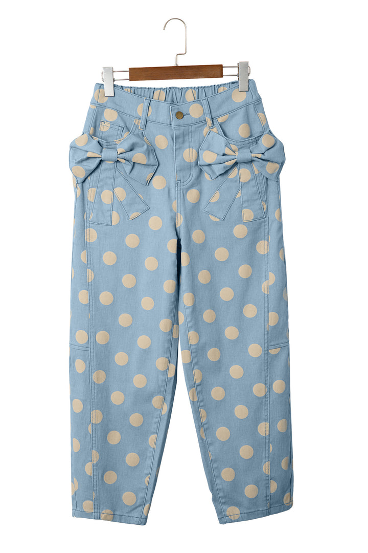 Sky Blue Polka Dot Print Bow Detail Pocketed Barrel Jeans