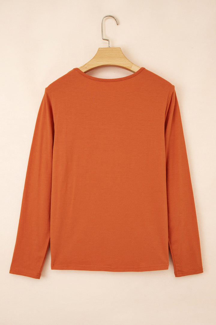 Red Clay  Asymmetric Seam Detail Solid Color Long Sleeve Top