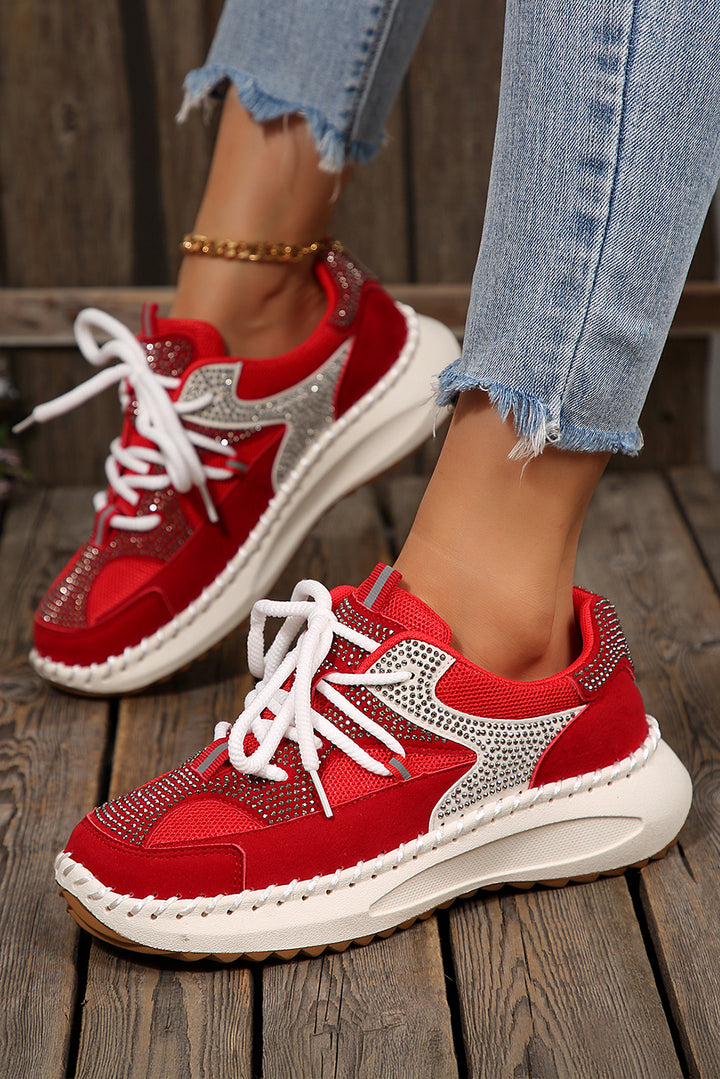 Rhinestone Embellished Color Block Patchwork Lace-up Breathable Sneakers