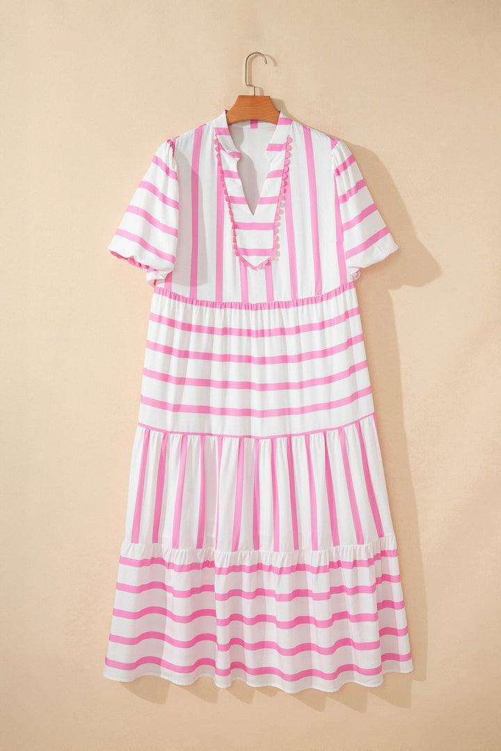 Pink Stripe Plus Size V Neck Short Puff Sleeve Maxi Dress