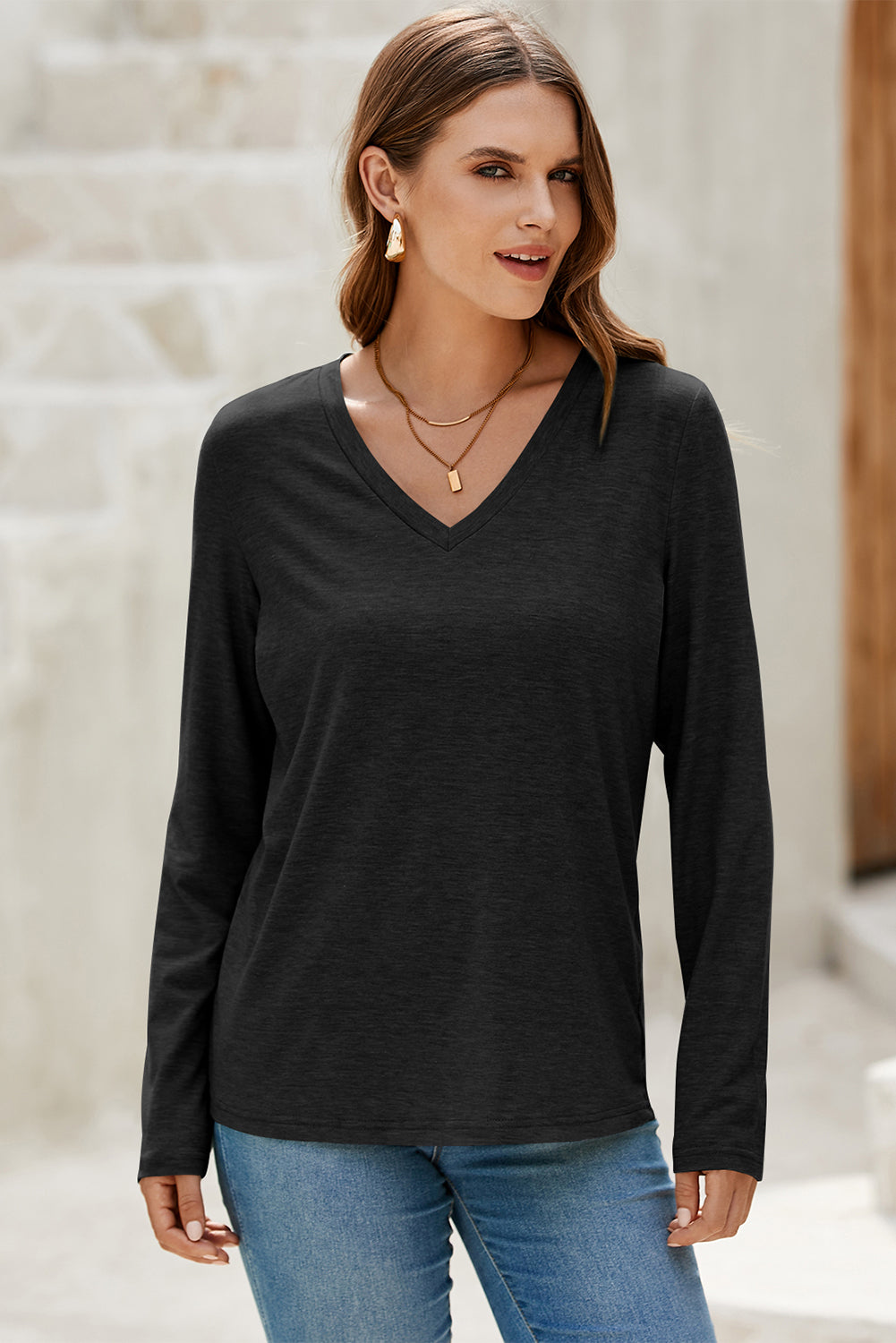 Black Solid Color V Neck Long Sleeve Stretchy Top
