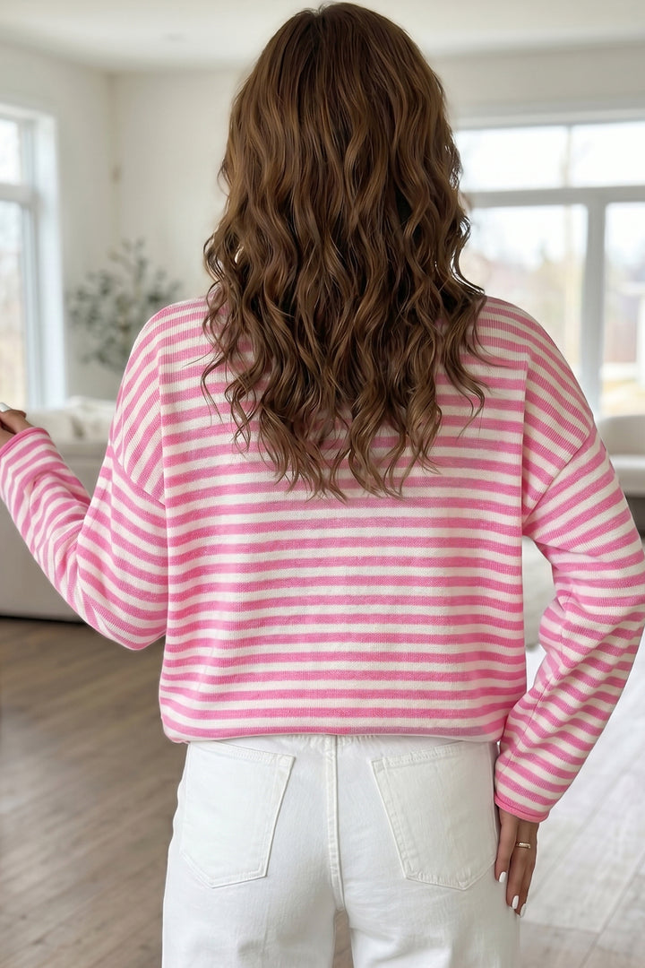 Pink Stripe Striped Button Placket Drop Shoulder Long Sleeve Sweater