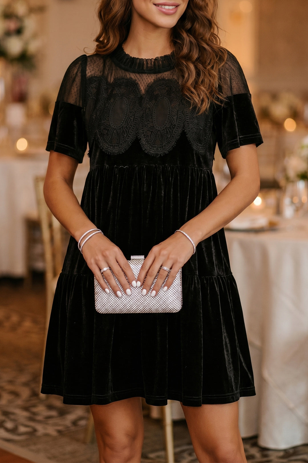 Black Embroidered Velvet Short Sleeve Mini Shift Dress – ModeShe