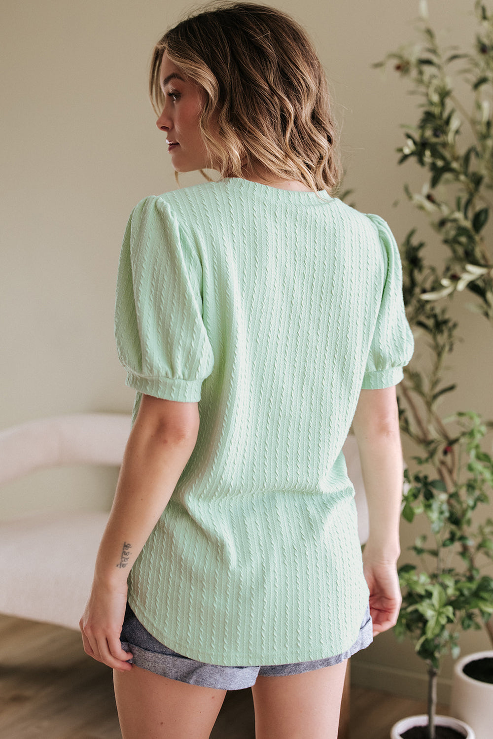 Textured Round Neck Short Puff Sleeve Top