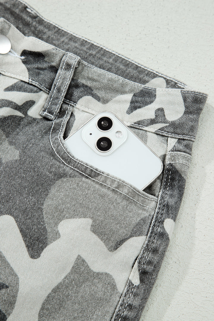 Green Camo Pattern Cotton Denim Shift Jeans