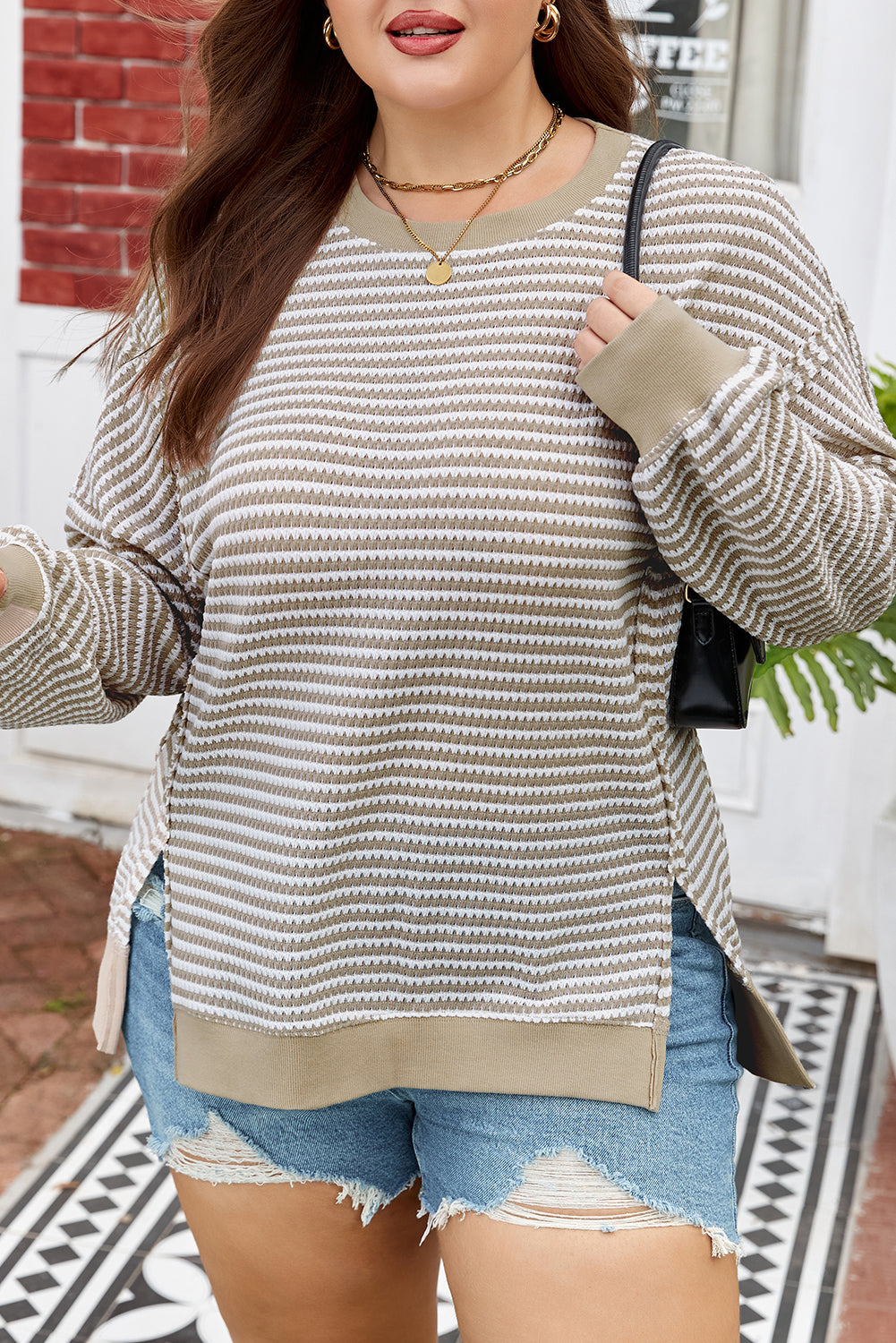 Brown Stripe Breathable Knit Ribbed Trim Plus Size Long Sleeve Top