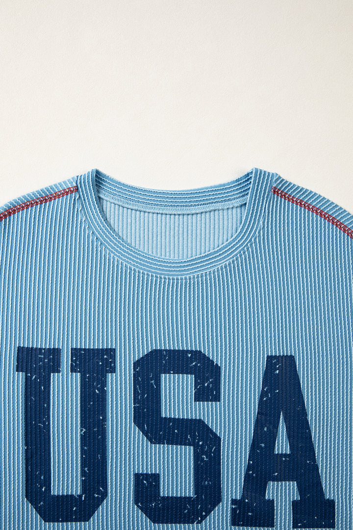 Beau Blue USA Graphic Half Sleeve Loose Ribbed Top