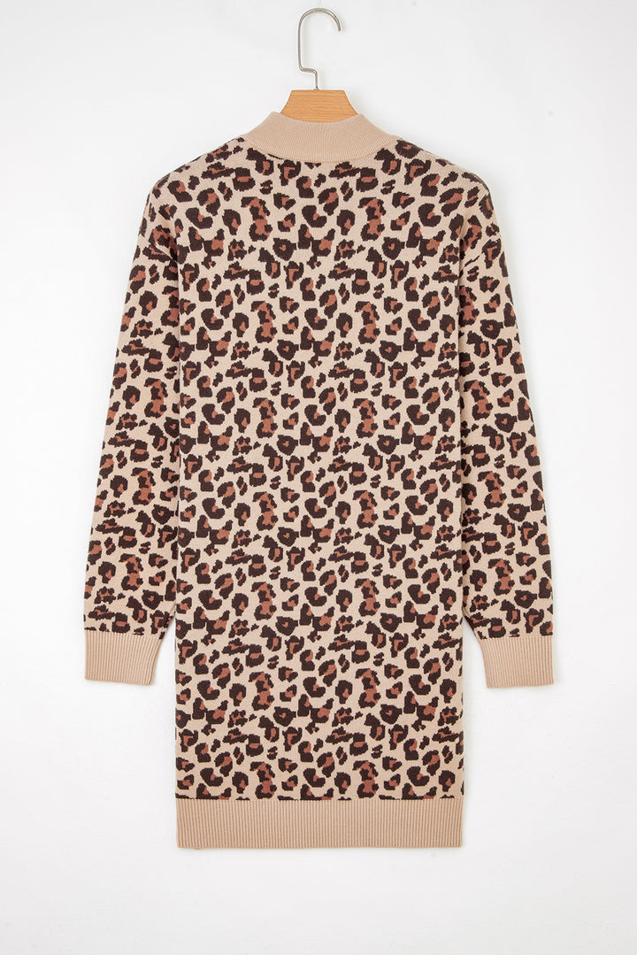 Leopard Print High Neck Shift Mini Sweater Dress