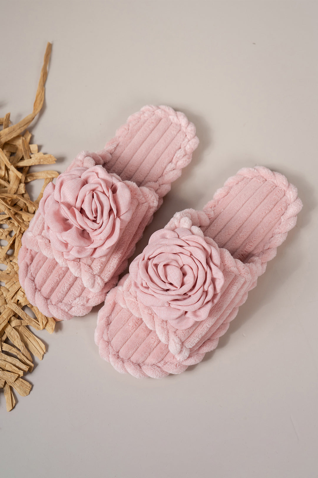 Solid Color 3D Flower Accent Corded Ribbed Open Toe Slippers