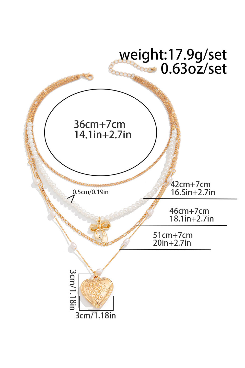Plated Bow Heart Pendant Pearl Beading Multilayer Necklace