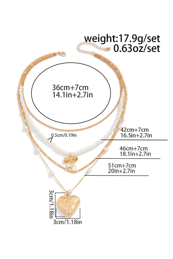 Plated Bow Heart Pendant Pearl Beading Multilayer Necklace
